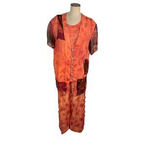 Uru Pants Tunic Vest VTG Womens One Size Orange 3 Piece Set Boho Lagenlook Flaw